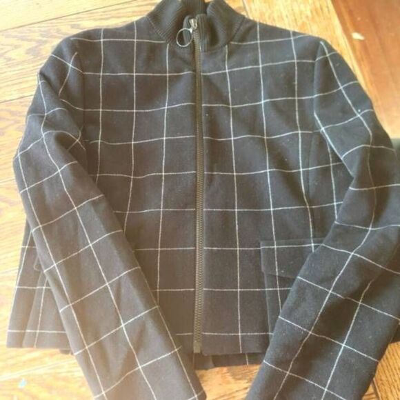 Akris Punto Black White Grid Cropped Ring Zip Up High Neck Blazer Jacket sz 8 - Picture 2 of 6